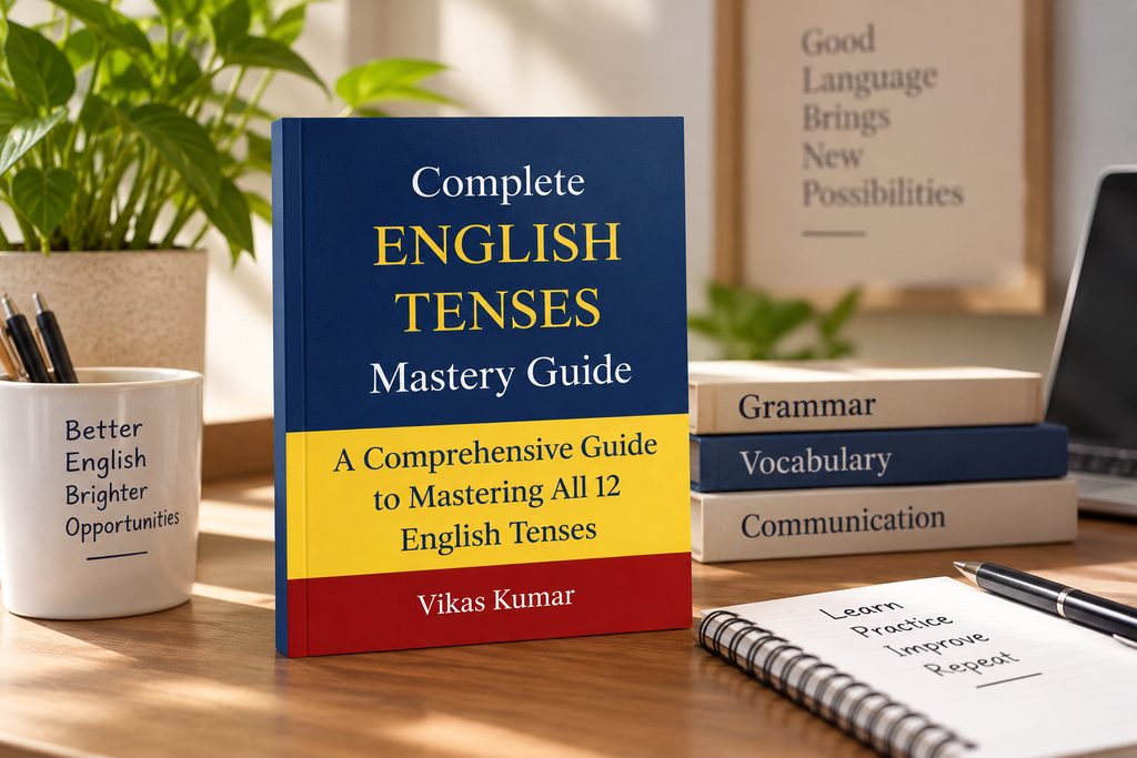 Complete English Tenses Mastery Guide by Vikas Kumar displayed on a desk with language learning books, a notebook, and a plant