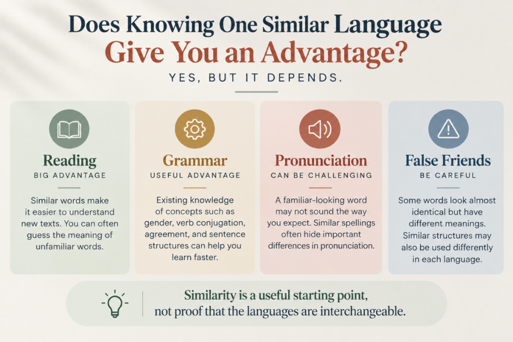Does knowing one similar language give you an advantage? An educational graphic explaining how similar languages can help with reading and grammar while creating challenges with pronunciation and false friends.