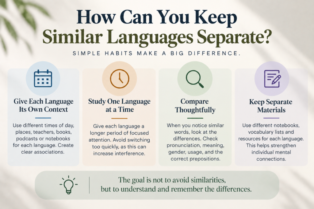 How can you keep similar languages separate? An educational infographic showing practical ways to avoid interference between related languages, including separate contexts, focused study, careful comparison, and separate learning materials.
