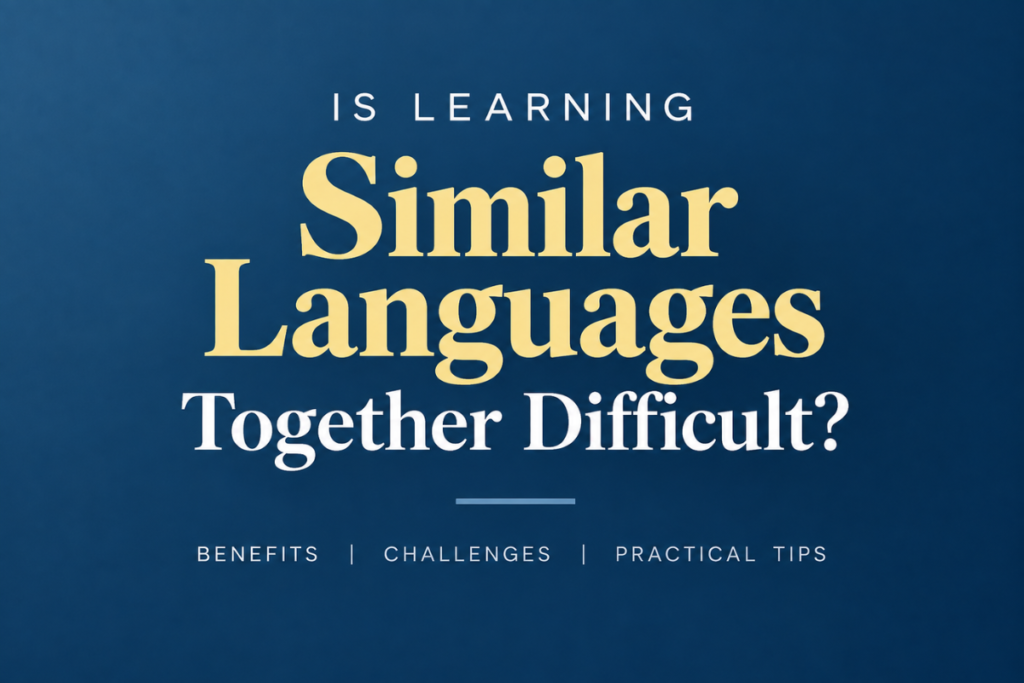 Is learning similar languages together difficult? A minimalist typographic graphic exploring the benefits and challenges of learning related languages, by Vikas Kumar, multilingual educator, language coach, and founder of My Language Classes.