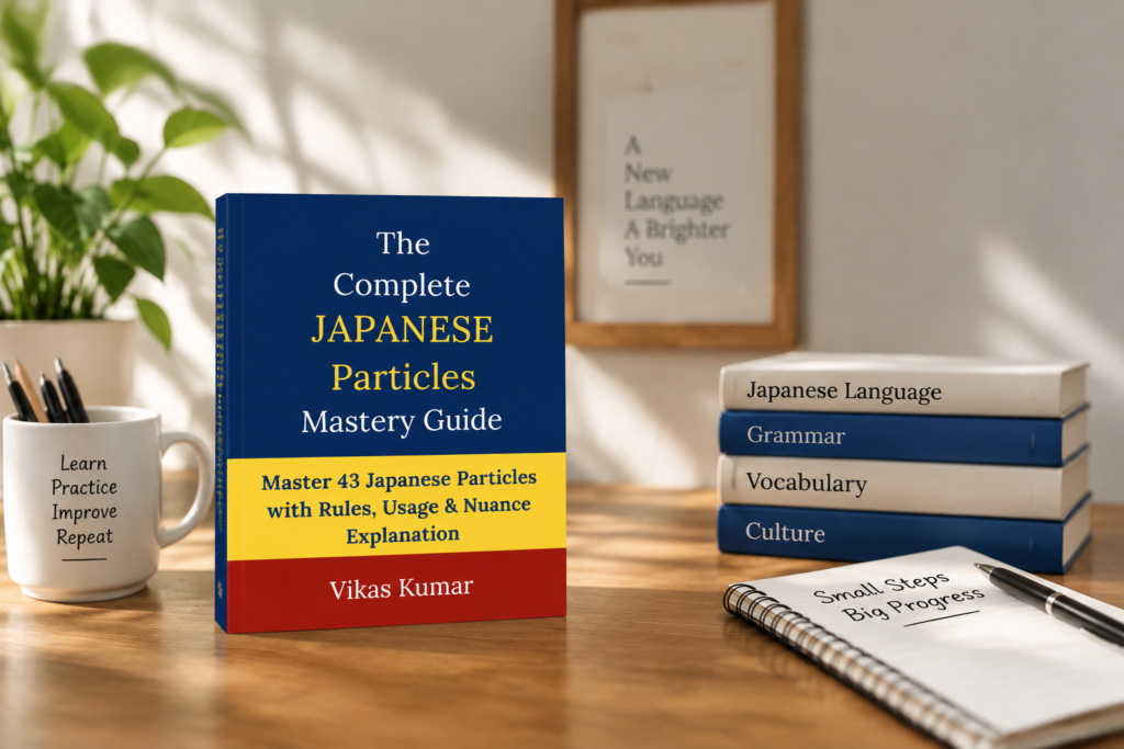 The Complete Japanese Particles Mastery Guide by Vikas Kumar displayed on a study desk with Japanese language books, a notebook, pen, plant, and coffee mug