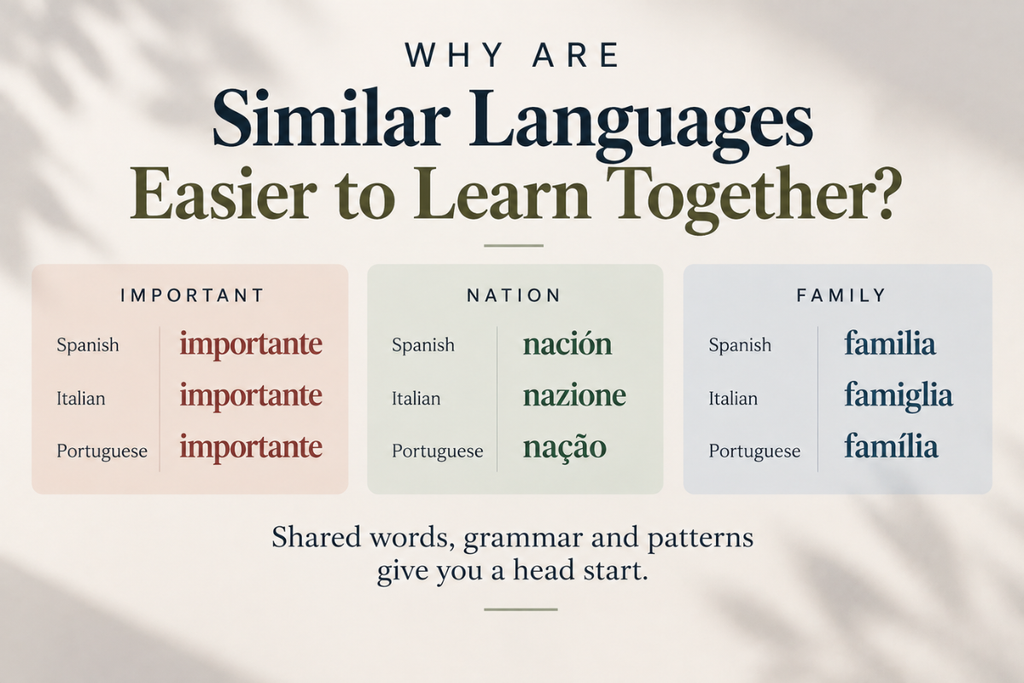Why are similar languages easier to learn together? Spanish, Italian, and Portuguese examples showing shared vocabulary and language patterns that can make learning related languages easier.