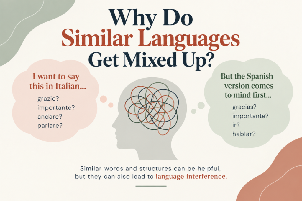Why do similar languages get mixed up? A minimalist language-learning graphic showing Spanish and Italian words competing in the mind and explaining language interference caused by similar vocabulary and structures.