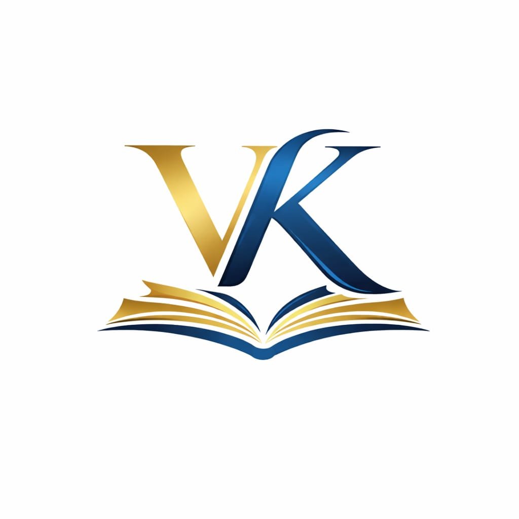 Vikas Kumar VK logo with an open book in blue and gold